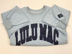 Lulu Mac Embroidered Sweatshirt Light Blue with Navy Polka Dot Lettering
