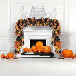 Halloween Garland 5.74ft Gothic Maple Leaf and Pumpkin Vine with Spider Accents, Spooky Fall Decoration for Fireplace and Home