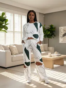 Spring Summer Casual Two-Piece Set, Round Neck Long Sleeve Top + Pants, Fashionable Design, Perfect for Daily Streetwear, Comfortable Everyday Wear