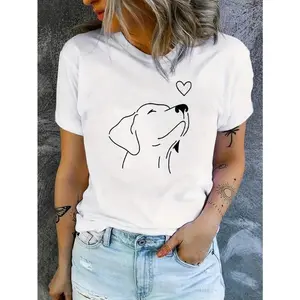 Women's Solid Color Round Neck Short Sleeve Dog Print Casual Loose T-Shirt White Summer