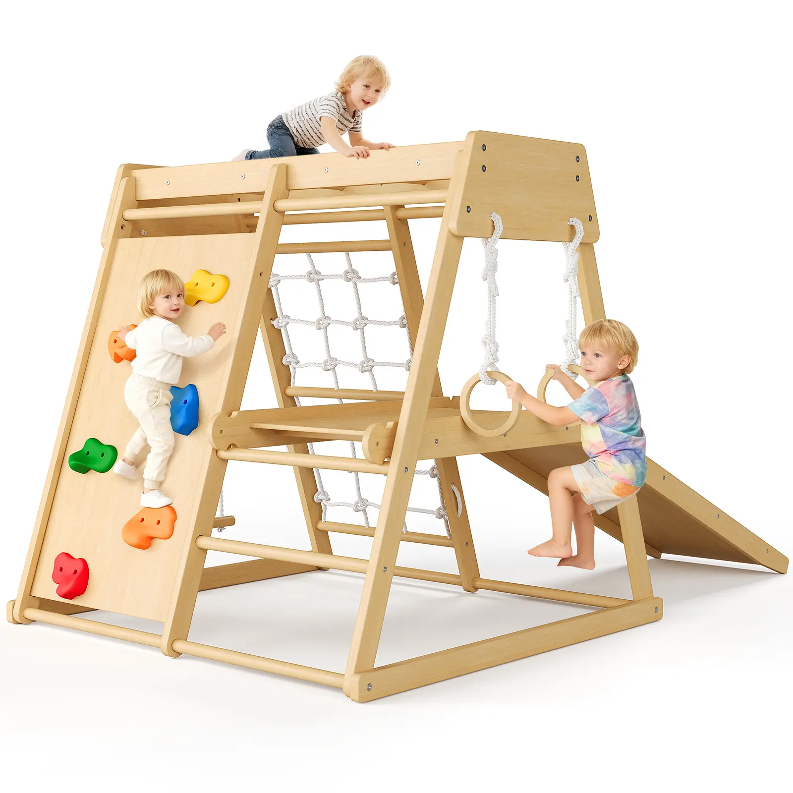 5-in-1 Multifunction Wooden Toddler Climbing Frame - Home Playground Equipment with Slide, Climbing Net, Gymnastics Rings, 500lbs Super Strong Load Capacity Premium Solid Wood Activity Center summerwins