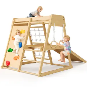 5-in-1 Wooden Climbing Frame for Toddlers, Indoor Jungle Gym Playground Playset with Slide, Climbing Net & Gymnastics Rings, 500lbs Super Strong Load Capacity, Premium Solid Wood Activity Center
