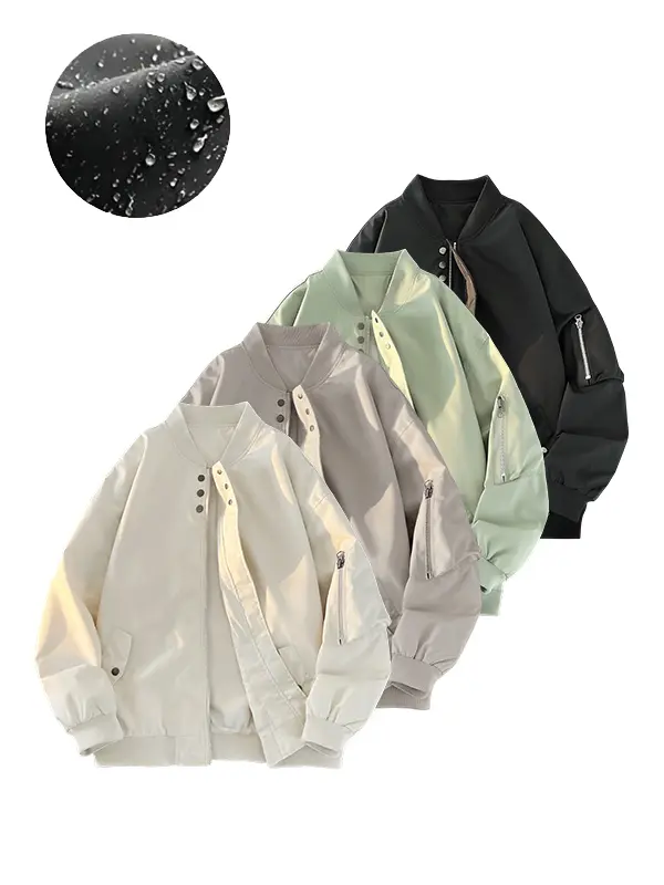 Men’s solid-color stand-collar aviator jacket — men’s long-sleeve lightweight windproof waterproof pullover jacket with zippered cuffs, zipper closure, and pockets; loose casual streetwear top
