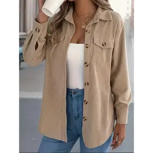 Corduroy Button Front Shacket Lapel Collar With Pockets Casual Daily Fall Top Long Sleeve Drop Shoulder Medium Length Womenswear Coats Jackets Minimalist Basic oversized cardigan sweater fall pink  cardigan  wobble