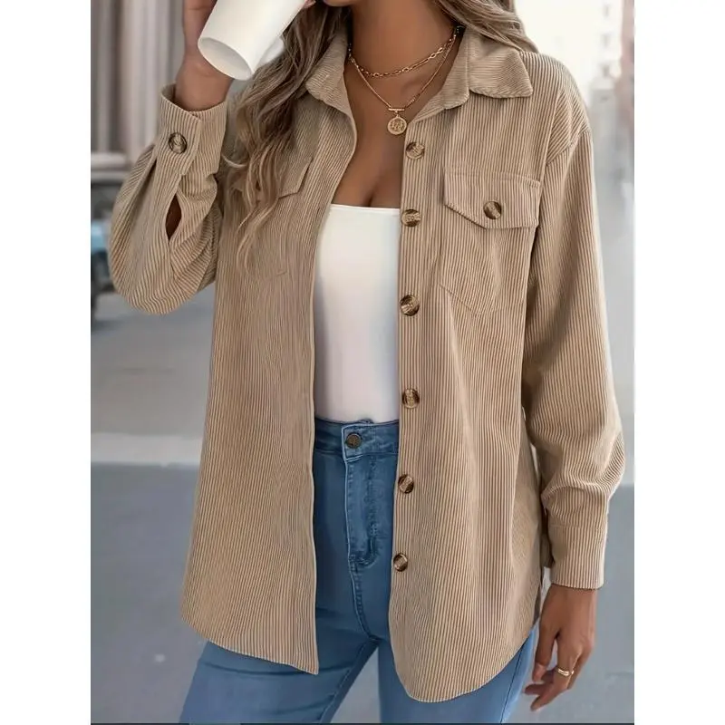Corduroy Button Front Shacket Lapel Collar With Pockets Casual Daily Fall Top Long Sleeve Drop Shoulder Medium Length Womenswear Coats Jackets Minimalist Basic oversized cardigan sweater fall pink  cardigan  wobble