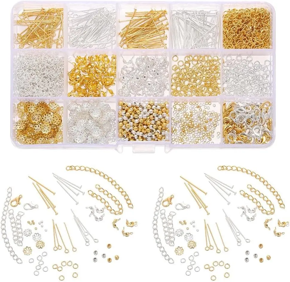 15-Grid DIY Jewelry Making Findings Kit, Gold-Silver Tone Lobster Clasps, Jump Rings, Eye Pins, Extender Chains for Necklace Bracelet Repair