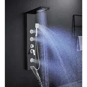 Multi-Function LED Lights Shower Panel System Black, 5 in 1 Shower Panel Include Rainfall & Waterfall Shower , 3 count Adjustable Massage Jets, Handheld Shower, Tub Spout