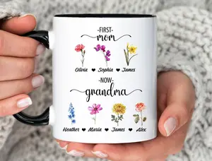 First Mom Now Grandma Garden Mug, Custom Birth Flower Keepsake, Mother's Day Grandma Gift