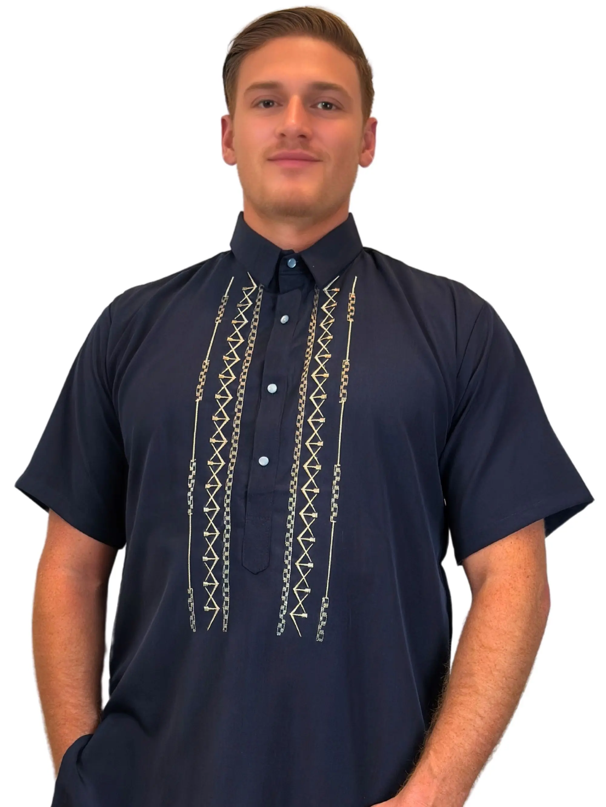 Handmade Kapamilya Navy Short Sleeve Zigzag-Pattern Cotton Polo Barong Tagalog for Men – Formal & Casual Dress Shirt, US Sizes