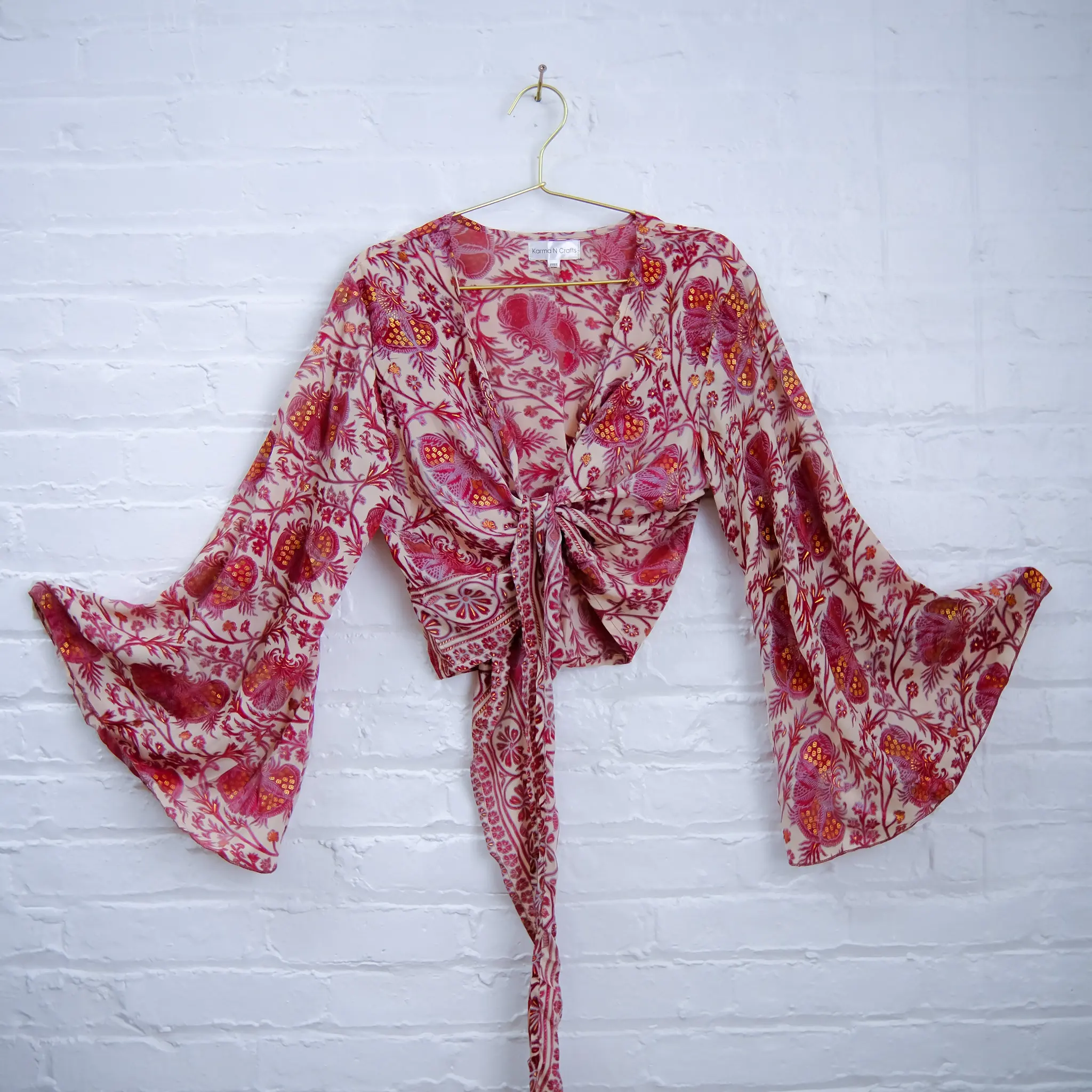Boho  Tie Top, 3- Way Bell Sleeve Tie Front Hippie Top, Retro Style Top, Flare Sleeve Vintage Style Wraps, Festival Boho Crop Top,  90s Style, Whimsical , Plus Size Inclusive