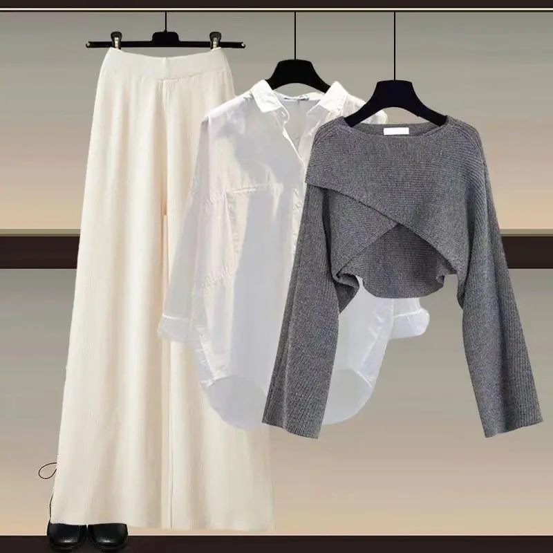 Grey sweater + white shirt + apricot wid