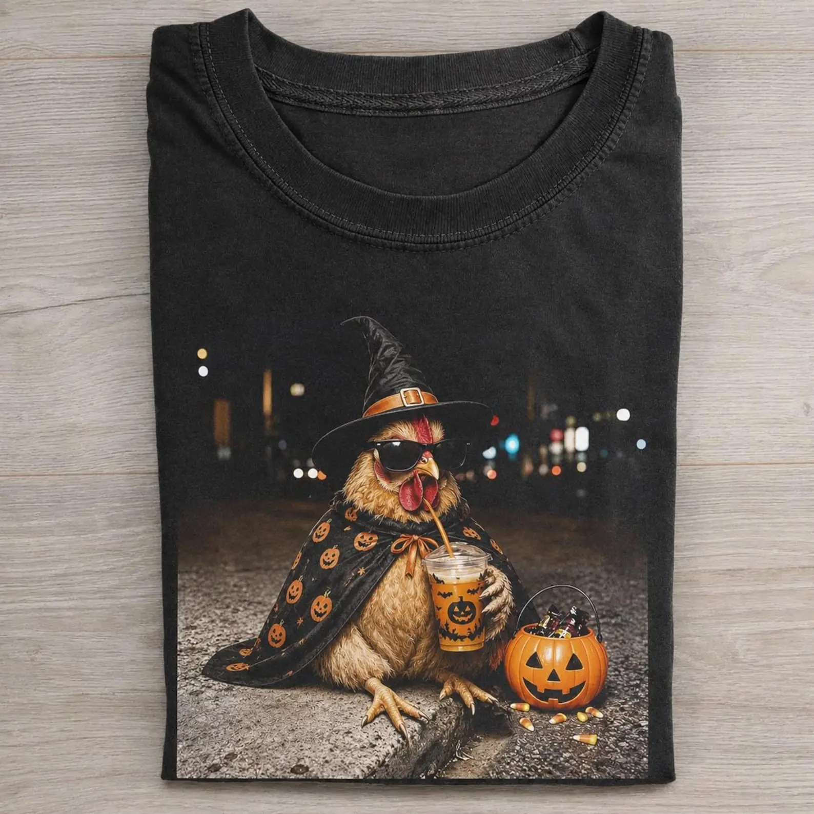 Comfort Colors Funny Halloween Chicken Shirt, Witch Chicken Drinking Iced Coffee Tee, Spooky Farm Animal Graphic T-Shirt, Fall Pumpkin Costume Gift