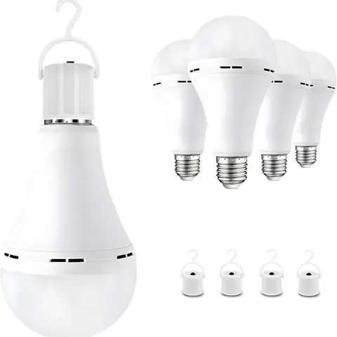 6-Pack Cordless Rechargeable Emergency LED Bulbs, E26/E27 Base, 12W (60W Equivalent), 800mAh Battery, Auto-Recharge When On, Energy-Saving Backup Light Bulb, 4H Backup Duration, Hook-Included LED Lights, Great for Camping, Hiking, Travel