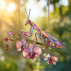 Pink Mantis On Orchid Flower Acrylic Suncatcher, Praying Mantis Window Hanging, Insect Decor