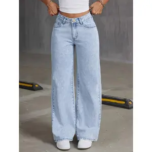 Classic High-Waisted Wide Leg Jeans - Women Jeans, Cotton Blend, Polyester, Viscose, Machine Washable, No Stretch, Solid Color, Four Seasons, Zipper Closure, Casual Outwear（gift）