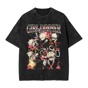 Bakugo My Hero Academia Girl Dinner Anime Vintage Oversized T Shirt Men Women Acid Wash Heavyweight Cotton Streetwear Graphic Tee Aesthetic Grunge Gym Pump Cover Y2K Urban Fashion Meme Gift Retro Washed Black Top MHA Boku No Hero Anime Merch