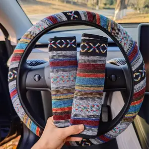 Vintage Ethnic Style Car Steering Wheel Cover & Seat Belt Cover Set (3 Counts/set), Car Steering Wheel Protector, Universal Fit Car Interior Decorative Accessories, Car Interior Accessory, Car Interior Decoration, Fabric Material