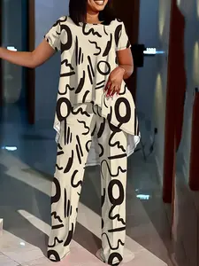 Plus Size Women's All Over Print Two-Piece Outfits, Matching Fashion High Low Hem Tee & Pants, Women's Plus Outfits for Spring & Fall