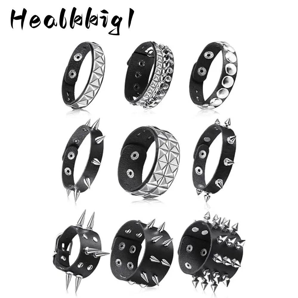 9pcs Spiked Studded Bracelet Black Leather Rivet Punk Bracelet Y2K Cuff Wrap Bangle Snap Button Wristband Men Women (Classic Style) Men's Accessories