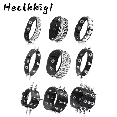 9pcs Spiked Studded Bracelet Black Leather Rivet Punk Bracelet Y2K Cuff Wrap Bangle Snap Button Wristband Men Women (Classic Style) Men's Accessories