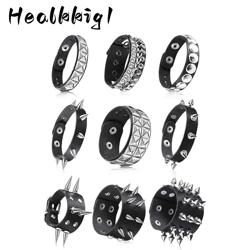 9pcs Spiked Studded Bracelet Black Leather Rivet Punk Bracelet Y2K Cuff Wrap Bangle Snap Button Wristband Men Women (Classic Style) Men's Accessories