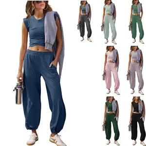 Yeokou Womens Two Pieces Outfits Casual Lounge Sets Cropped Tops Sweatpants Tracksuit with Pockets