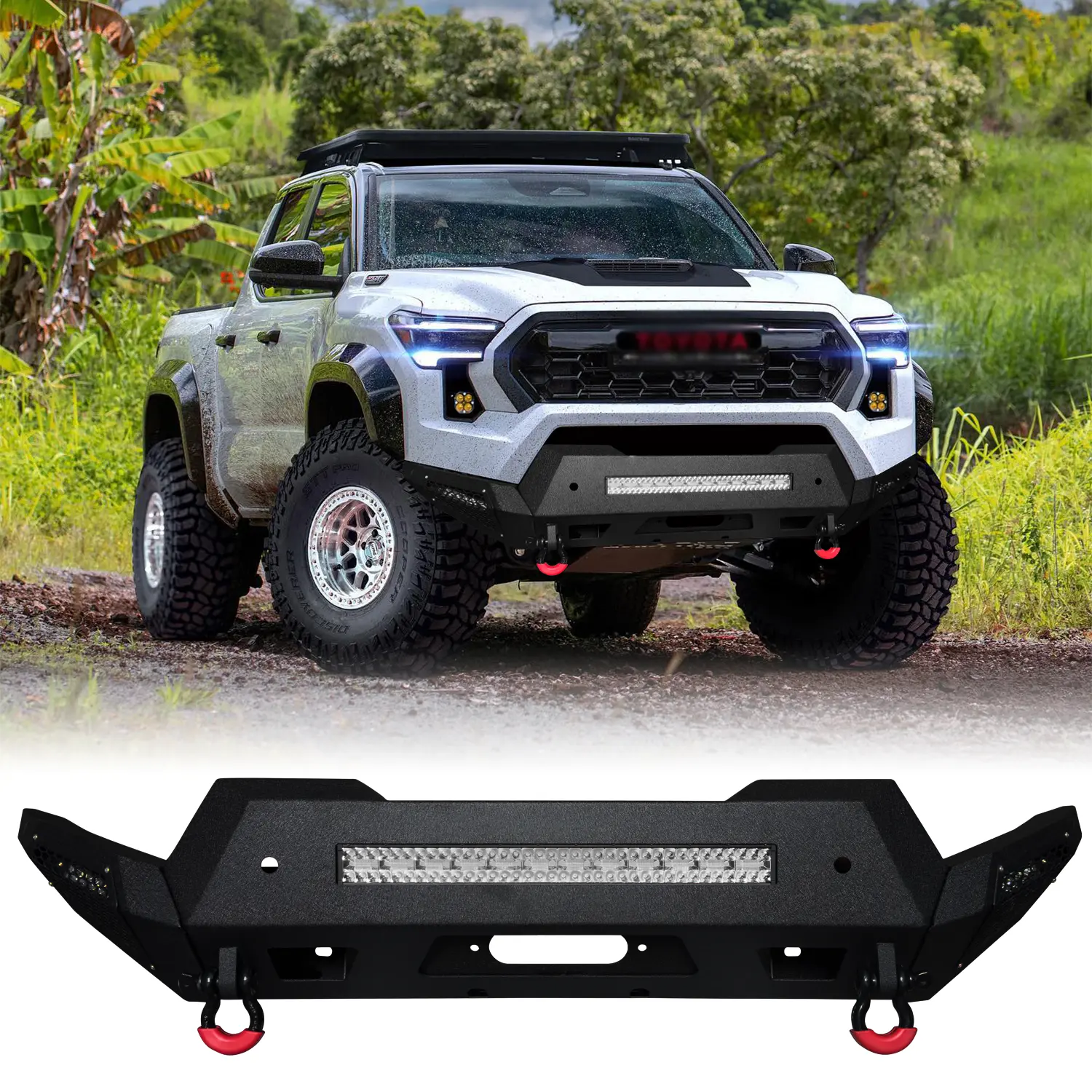 TIOYAR Steel Front Bumper with Black Texture, Winch Plate, 2 x D-Rings, LED Lights & Enhanced Functionality for 2024-2025 Toyota Tacoma Off-Road Use