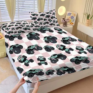 Monster Truck Theme Fitted Sheet Set, 1 Bed Sheet & 2 Coreless Pillowcases, Pink White Checkered & Teal Cartoon Truck Pattern, Anti-Slip Deep Pocket, Lively Playful Style Bedroom Kids Room Decor