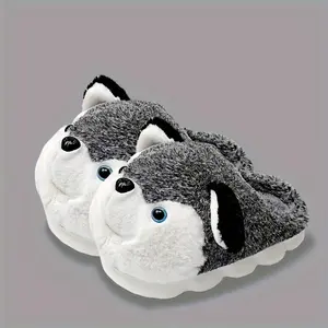 [Cozy Husky Slippers] Soft Cozy Cartoon Husky Slippers for Men and Women |   Indoor/Outdoor Winter Shoes with High Quality EVA Sole, Gray and White Plush Design, Perfect for Casual Wear, Indoor Footwear