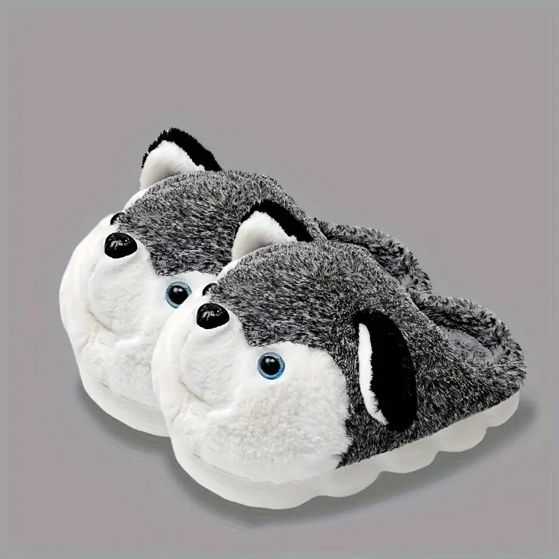 Cozy Cartoon Husky Slippers for Women and Men, Brown with Heel, Winter Indoor-Outdoor Shoes, High-Quality EVA Sole, Gray-White Plush Design, Casual Footwear