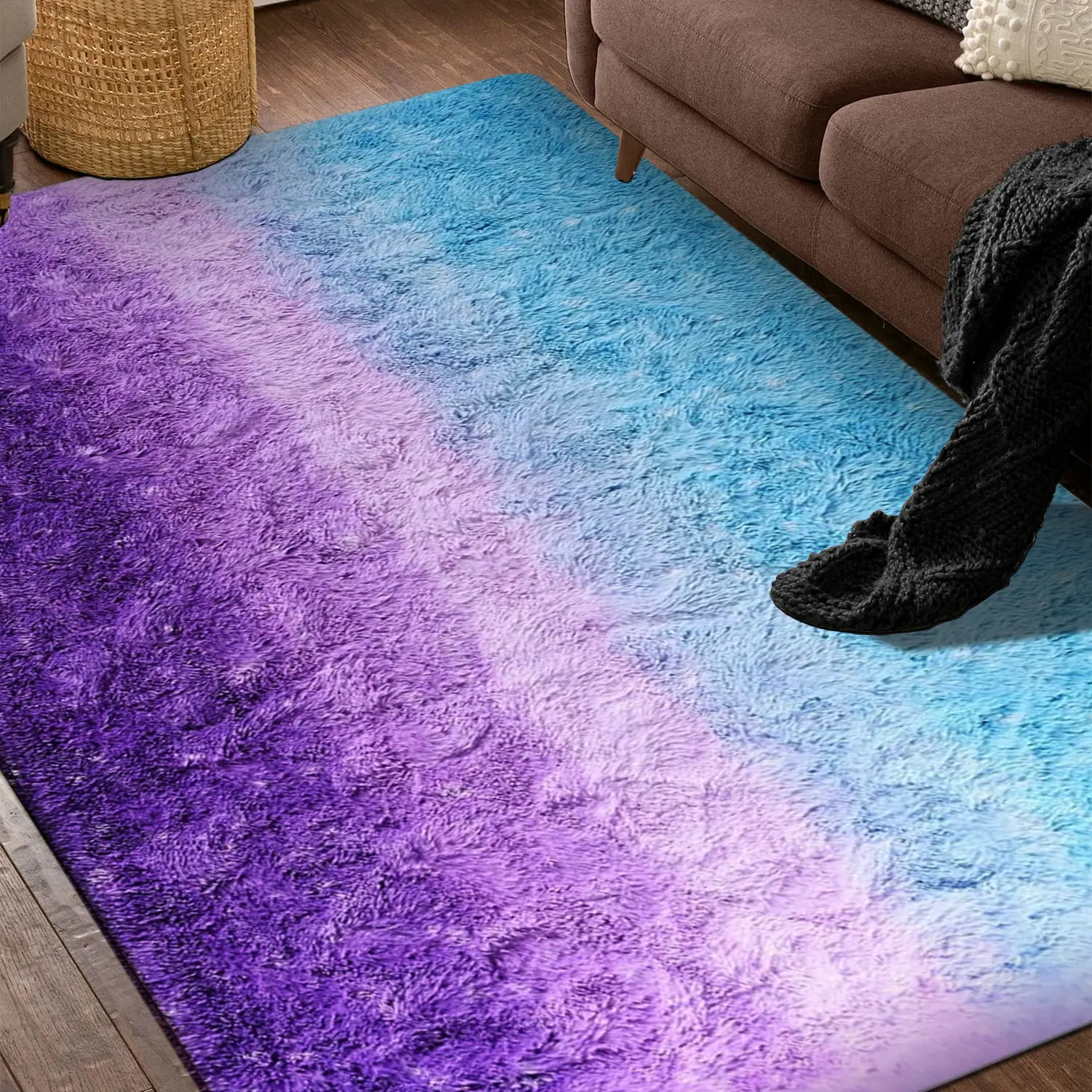 Starry Blue & Purple Gradient Long-Pile Classic Rectangular Area Rug, 4×6 ft, Durable Fade-Resistant, Anti-Skid Backing, Machine Washable for Living Room, Bedroom