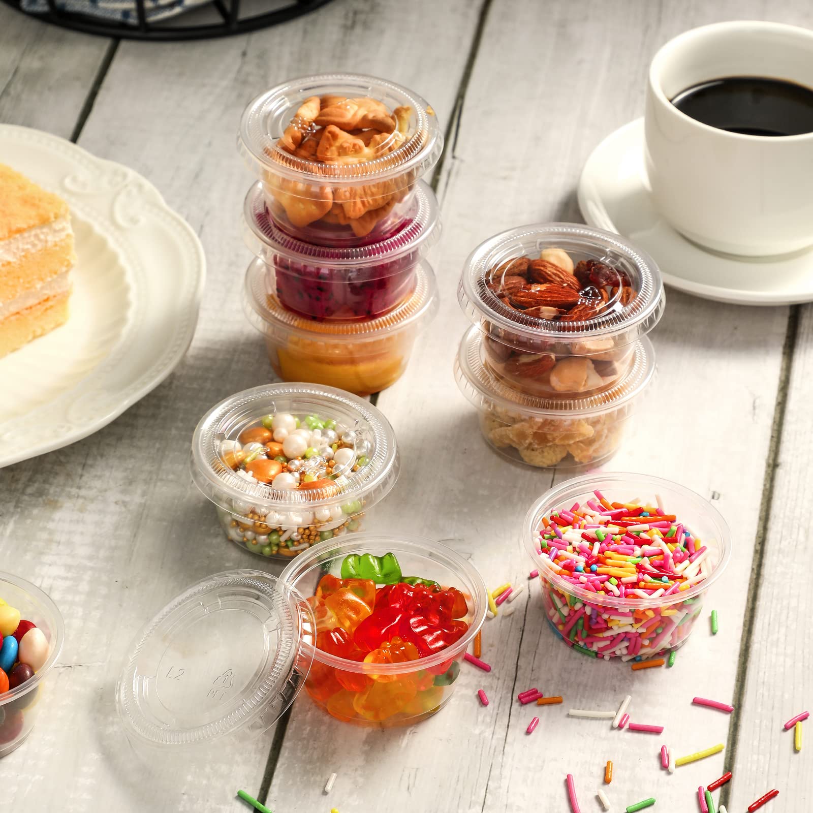 130 sets - 2 oz Jello Shot Cups, Small Plastic Containers with Lids, Airtight and Stackable Portion Cups, Salad Dressing Container, Dipping Sauce Cups, Condiment Cups
