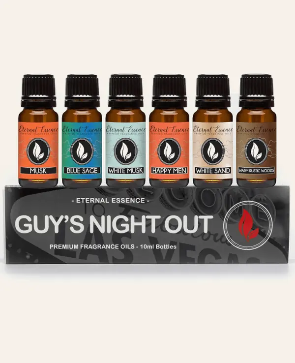 Eternal Essence Oils Guy's Night Out Set of 6 Premium Fragrance Oils - Includes Including Happy Men, Blue Sage, White Sand, Warm Rustic Woods, Musk, and White Musk Scented Oils - 10ML