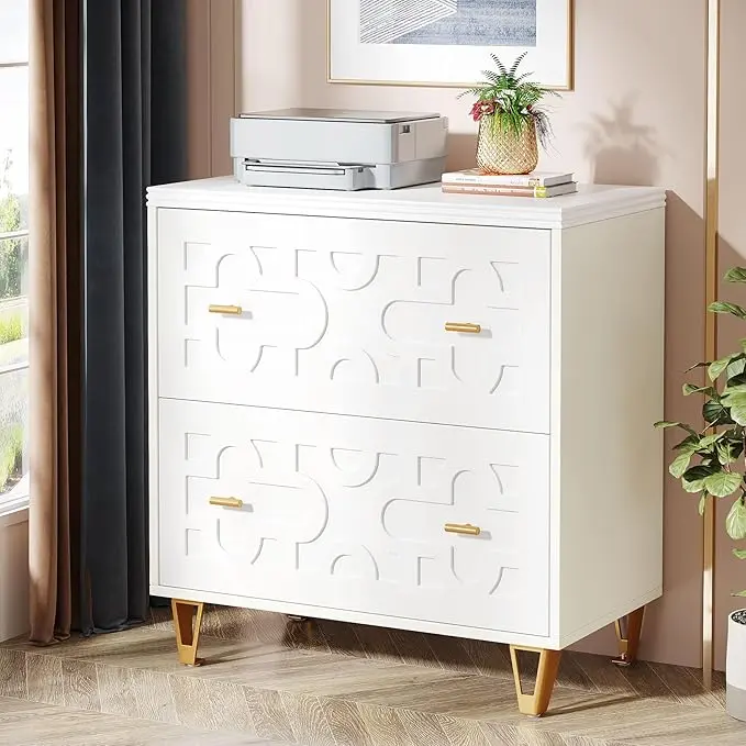 Tribesigns 2-Drawer Lateral File Cabinet, Modern White Filing Cabinet for Legal/Letter/A4 Size, Large Storage Filing Cabinet Printer Stand for Home Office, White and Gold
