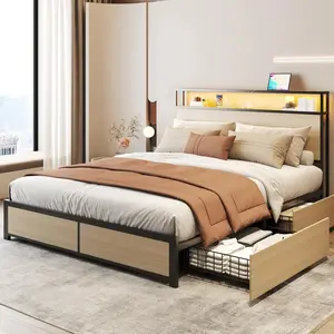 Queen Bed Frame With Headboard Charging Station Storage Drawer, Metal Support Brown Faux Leather Cloud Sectional Sofa Modular Corduroy