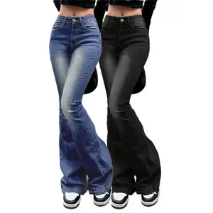 Plain Washed Vintage Flare Jeans, Slim Fit Stretch Bias Pocket Flare Jeans, Women's Jeans And Clothing Womenswear Spandex Bottom Elastic Retro Solid Woven Streetwear Pants Trouser Comfort Minimalist Basic Denim