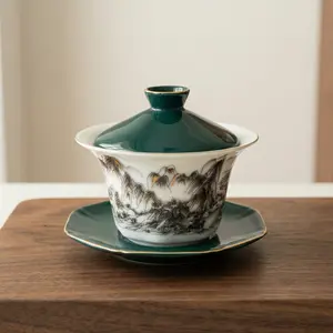 Chinese "Thousand Li Rivers and Mountains" Ink & Gold Gaiwan Set | Traditional Art | Premium Collectible，High-end Chinese Porcelain， Hand-Painted Porcelain |Timeless Chinese Tea Art | Luxury Collectible Gift