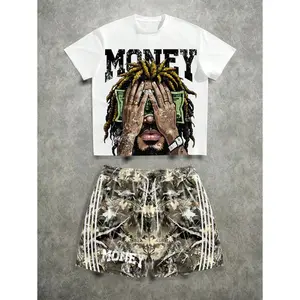 (Ultimate discount offer) Street Fashion Loose Hipster Money Character Camo Striped Print T-Shirt And Shorts Set