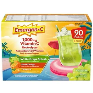 Emergen-C 1000mg Vitamin C Powder Packets Immune Support with Antioxidants Electrolytes & B Vitamins Variety Pack White Grape Splash Super Orange Tangerine 90 Count