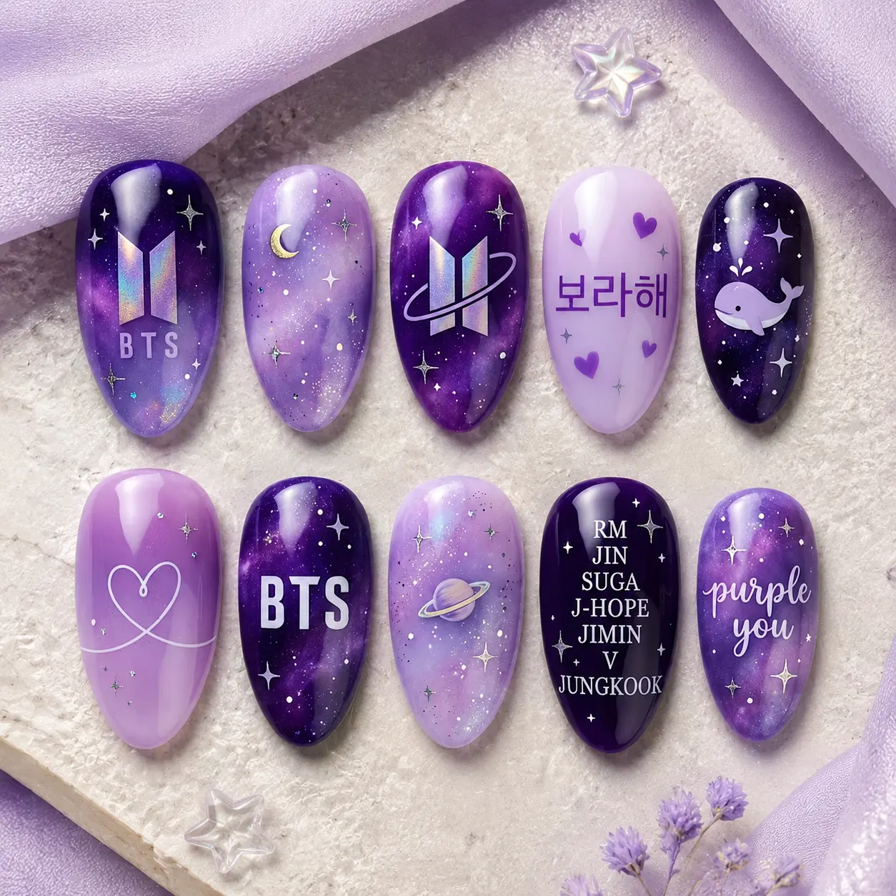 2026 BTS World Tour Press-On Nails, Purple Galaxy Celestial Star Art Set, Kpop-Inspired Borahae ARMY Gift