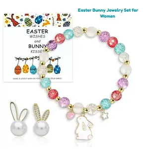 Easter Bunny Jewelry Set for Women – Stretch Bracelet & Rabbit Pearl Stud Earrings, Cute Easter Basket Stuffers, Holiday Gift for Women & Teens