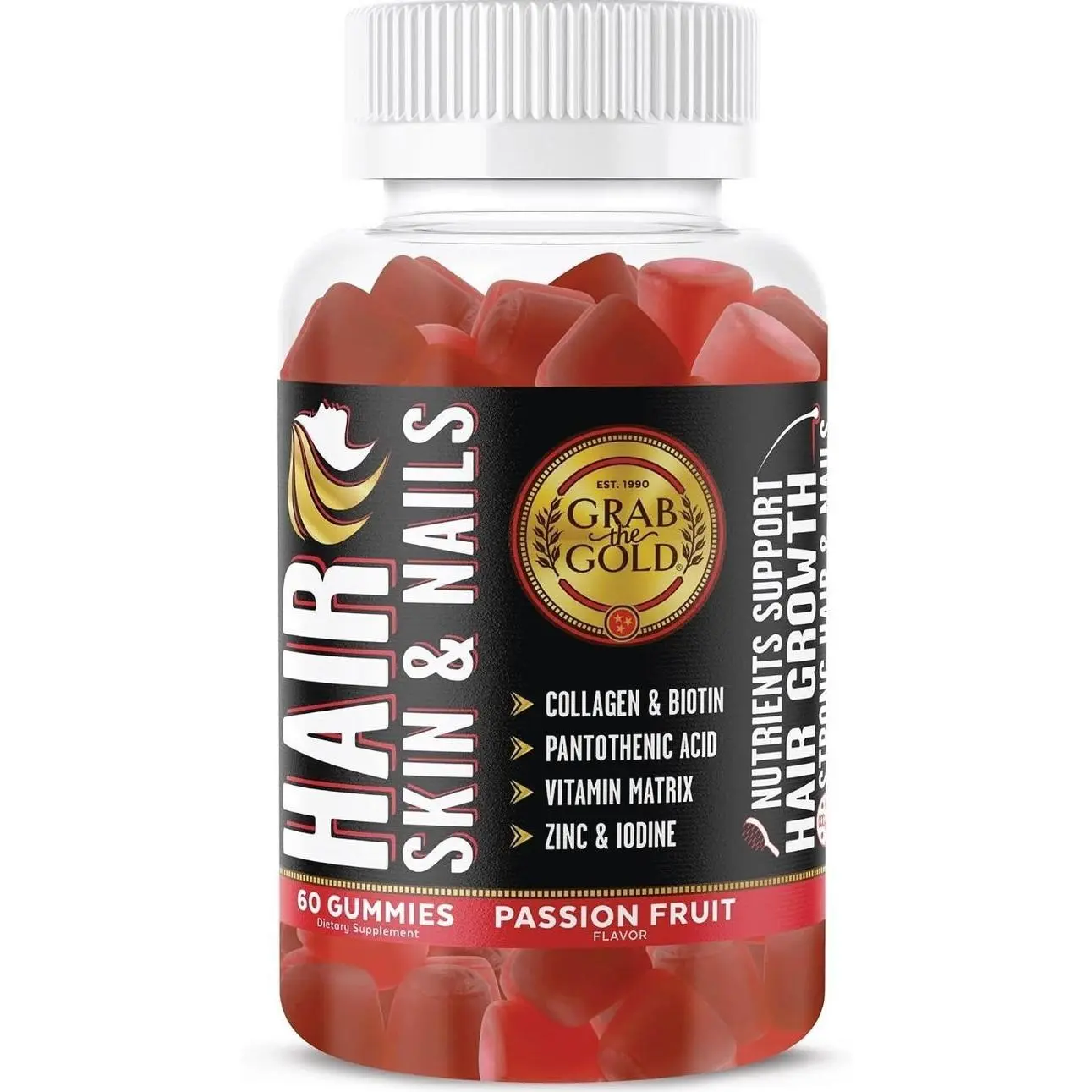 Grab The Gold Hair Skin & Nails Vitamins for Women | Gummies with 6000mcg Biotin & Collagen | 10 Essential Vitamin & Minerals | Gluten-Free, Non-GMO, Passion Fruit Flavor | 1 Month Supply