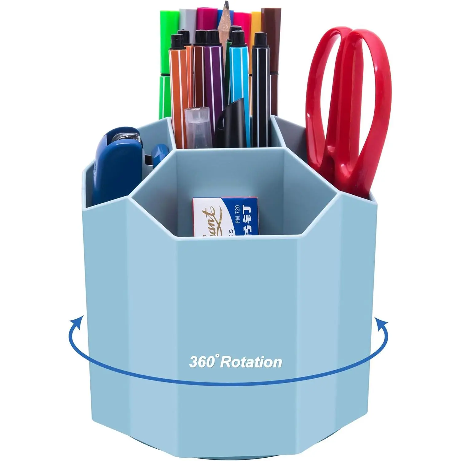 Desk Pencil Pen Holder, Rotating Pen Organizers 360- 5 Grid Pen Holder for Desktop Storage Stationery Supplies Organizer, Home, Office, School, , Blue