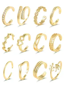 12PCS 18K Gold Plated Toe Rings CZ Daisy Flower Leaf Heart Knot Band Open Tail Ring Beach Foot Jewelry Sets For Women Men Gold Silver Tone
