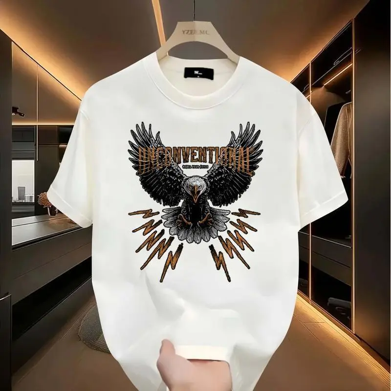 Eagle graphic t-shirt with lightning design, loose and comfortable fit, unisex, men's short sleeve round neck street style t-shirt summer and spring, casual, clothing, suitable for men, women, moms and friends, couple style, fashionable and loose, youthf