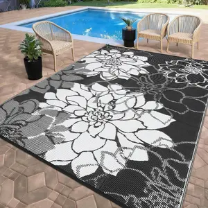 Black&White Outdoor Plastic Straw Rug 9x18 Waterproof Reversible Mat Floral Tropical Patio Rug with 4 Stakes and Starage Bag Portable Outdoor Area Rug for Camping Porch Deck Rv Balcony Backyard Beach