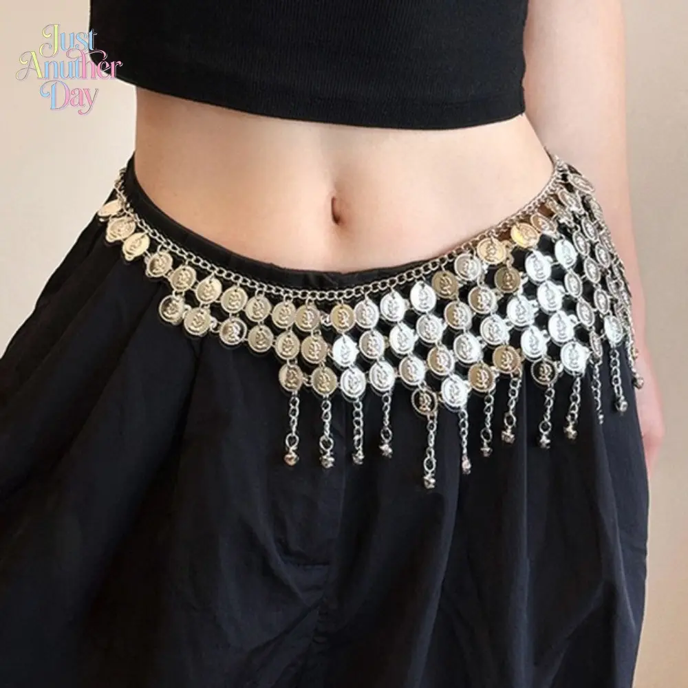 Women’s Ethnic Coin Fringe Waist Chain, Vintage Silver Tone Body Jewelry with Dangling Coins and Tiny Bells, Boho Style Hip Belt, Perfect for Belly Dance, Beach, Festival, and Casual Wear, Adds a Retro, Exotic Touch to Any Outfit