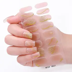 16 Finger Semi-Cured Gel Nail Strips with Stripes, Self-Adhesive Full Nail Set for Easy Application and Removal, UV Lamp Required DIY Nail Art Supplies for Women and Girls