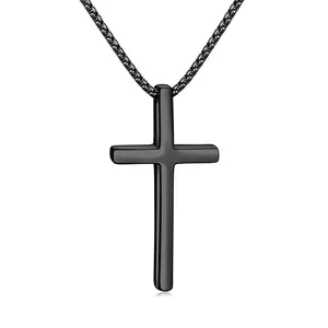 Fiusem Cross Necklace for Men, Silver/Gold/Black Mens Cross Necklaces with 2.5mm Cross Chain and Stainless Steel Cross Pendant, Box Chain 16-24 Inch 22.0 Inches Big black cross: 2.1" * 1.2" christian gift
