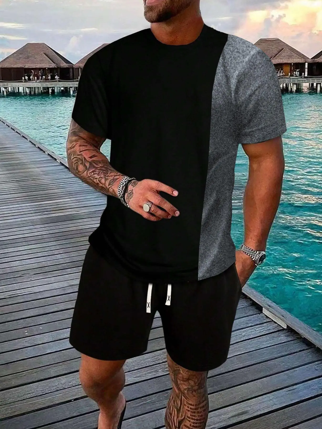 Two-Piece Set Men's Colorblock Print Co-ord Set, Regular Fit Streetwear Crew Neck Short Sleeve T-shirt & Drawstring Pocket Shorts, Summer Outfits